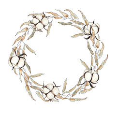 Watercolor floral season wreath with flowers, cotton, blue branches, brown twigs, gold and black Floral silhouettes of cotton, For wedding invitation, card making
