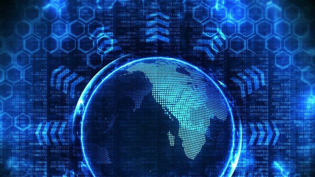 Earth globe 3d with business high tech background. Graph arrow loop animation. Hexagon geometric design and binary numbers background.