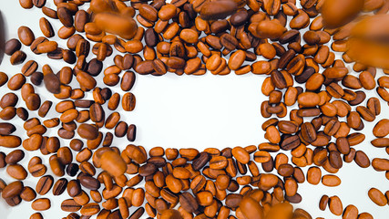 Coffee Beans with Motion Blur Falling Down, Forming Rectangular Space for Text or Logo - 3D Illustration