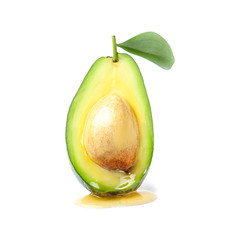 Half of ripe avocado with honey on white background