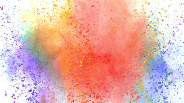 Colorful powder exploding on white background in super slow motion, close-up.