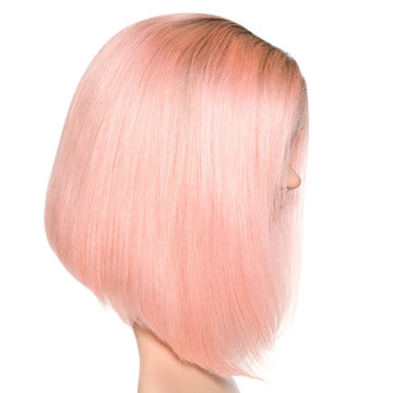 Short Straight Black To Pink Two Tone Ombre Style Human Hair Lace Weaves Bob Wigs