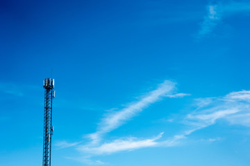 upward of Communication Radio antenna Tower , microwave antenna tower on blue sky background