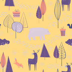 Seamless pattern with simple cute winter forest, christmas gifts and animals such as a bear, fox and deer. Vector illustration