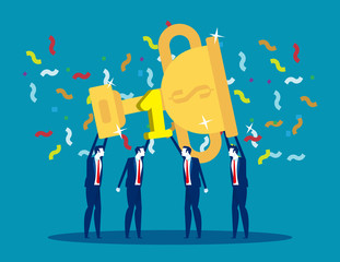 People celebrate success achievement and holding big goblet. Concept business successful vector illustration, Template