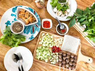 Vietnamese Meatball Wraps (Nam Neung) served with vegetable, Vietnamese food