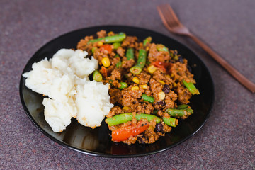 vegan mince with minced veggies and mash potatoes