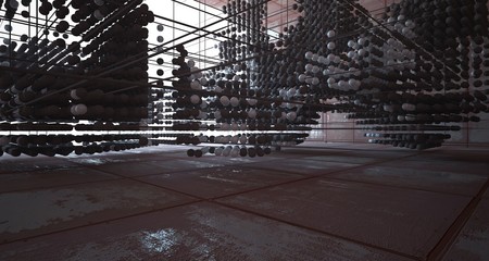 Abstract architectural concrete and rusted metal interior of spheres with large windows. 3D illustration and rendering.