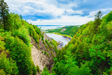 Fototapeta na wymiar Skyline Landscape View of Montmorency Falls in Montmorency Falls Park, Quebec, Canada