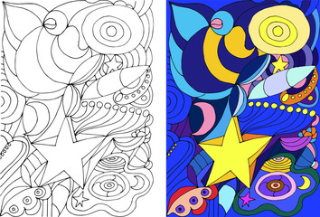 Coloring antistress, for adults. The image is abstract with stars and space.