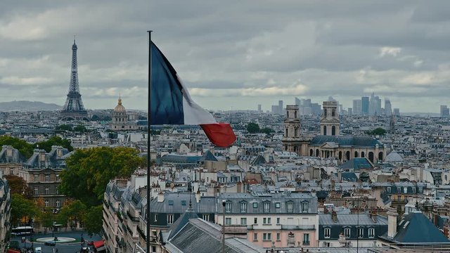 Time lapse aerial view of Paris on a moody day. From left to right is the Eiffel Tower, Les Invalides, Eglise Saint-Sulpice and in the background La Defense