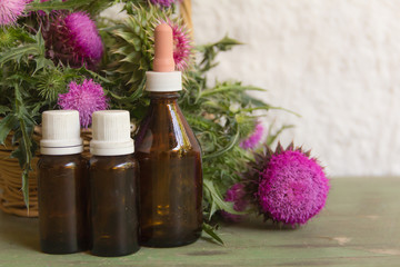 Obraz na płótnie Canvas Health concept with essential oils of thistle for alternative medicinal use