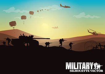 Military vector illustration, Army background, soldiers silhouettes.	