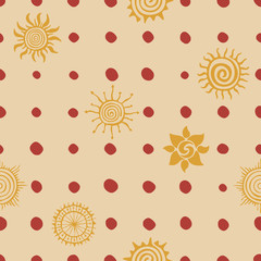 Seamless pattern. Ethnic background, sun symbols, vector design.