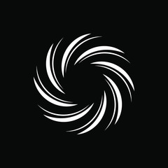 White oblique curved stripes in round form. Geometric art. Black background. Design element for logo, sign, symbol, prints, web, template and textile pattern