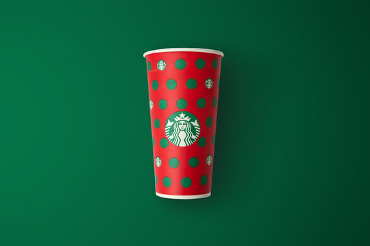 Bangkok, Thailand - November 18, 2019: Starbucks new 2019 designed Christmas holiday cup. Starbucks is the world's largest coffee-house company.
