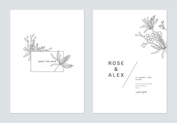 Minimalist wedding invitation card template design, floral black line art ink drawing decorated on rectangle frame on white