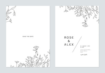 Minimalist wedding invitation card template design, floral black line art ink drawing on white - 305838595