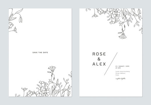 Minimalist wedding invitation card template design, floral black line art ink drawing on white
