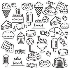 Cake and dessert doodle vector suitable for background. Set of cake and dessert vector illustration with line design 