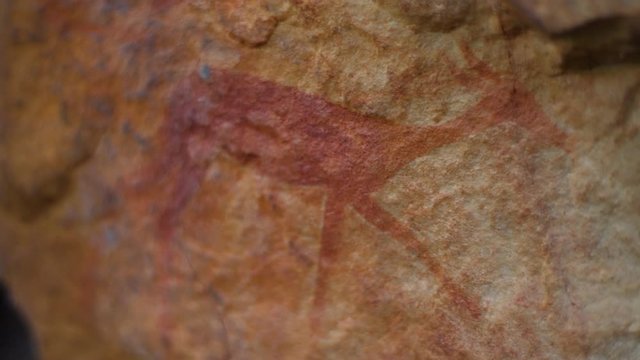 Ancient Khoisan painting of antelope on the rock in cave. South African heritage