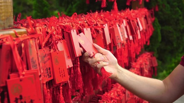 Guangzhou / China-October 20 2019 : Chinese Red wish tablets with hieroglyphs