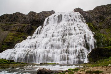 Long exposure of majestic Dynjandi cascade waterfall, Westfjords, Iceland