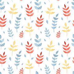 Vintage watercolor abstract seamless pattern with indigo, red, yellow leaves on white background. Modern abstract leaves illustration for fabric, textile. Spring, summer season.