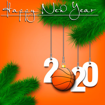 Basketball ball and 2020 on a Christmas tree branch