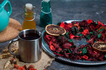 Red Hot Hibiscus tea in a glass mug