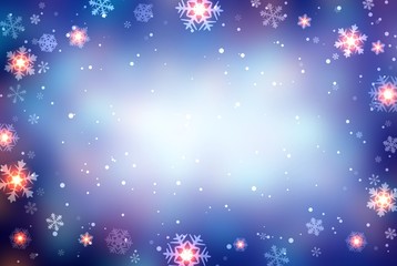 Fototapeta premium Shiny snowflakes frame on dark blue glare background. Empty Christmas illustration. Snow texture. Magic winter festive vignette decor. New Year night.