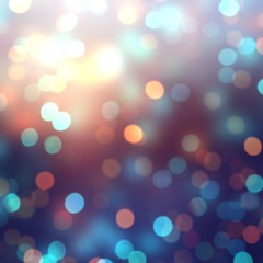 Night party garland lights empty background. Dark blue purple orange bokeh abstract texture. Confetti blurred illustration. Glitter defocused template.