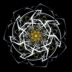 3d rendering of abstract cemetery kaleidoscopic star flower with rotation elements in glossy white plastic and gold material on black background