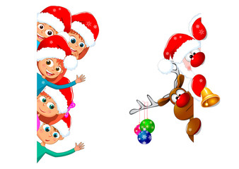 Kids and Santa Claus with a deer. Little children and Santa with a deer on a white background. Children happily greet Christmas