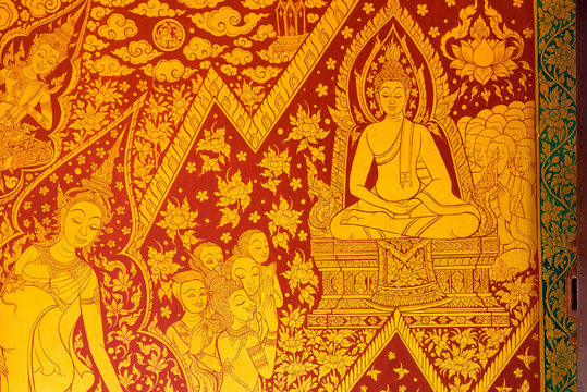 Phetchaburi,Thailand - November, 16, 2019 : Ancient thai painting on wall in thailand buddha Khoi temple.