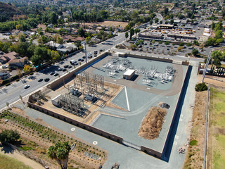 Aerial view of electric power plants. Electrical distribution substation. California
