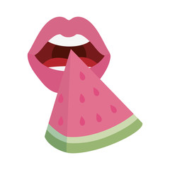 female lips and watermelon icon on white background