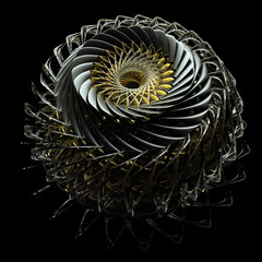 3d render of abstract jet engine turbine with gold and black metal rotated parts with sharp blades