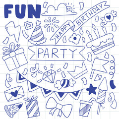 hand drawn party doodle happy birthday Ornaments background pattern Vector illustration