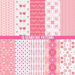 Seamless geometric patterns set collection of 10 Pink Color, Endless texture can be used for sweet romantic wallpaper or wrapping paper.