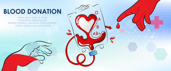 Blood donation design. Creative donor poster. Blood Donor banner. Red drop. Donation volunteer. Blood donation medical poster. Save human life concept. Vector illustration