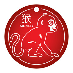 Monkey. Chinese zodiac sign. Simple vector illustration. Symbol of the year drawn in white outline on red background. New Year's decoration. Template for laser cutting. Round banner.