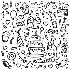 Birthday pattern, Hand drawn line art vector illustration