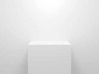 3d exhibition stand. White blank empty podium isolated on gray background for presentation and exposition. Vector illustration for mock up store. Pedestal for display product. Interior stage design.