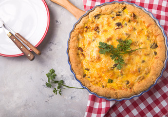 Pot pie. Individual open chicken mushroom tart  with puff pastry crust. top view