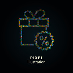 Gift box - pixel icon. Vector Illustration on black background.