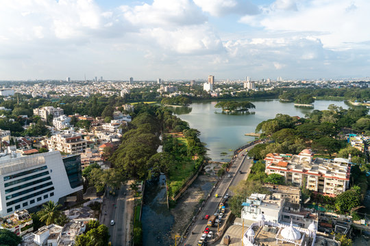 Aerial Landscape Bangalore Skyscrappers with  Large Lake in the Foreground