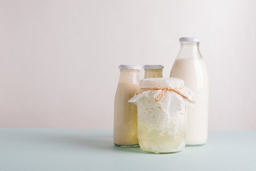 Dairy products organic probiotic fermented milk products glass bottles. Fermented kefir yogurt products. Healthy eating