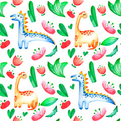 Childish hand drawn watercolor pattern with cute dinosaurs. Perfect for kids apparel, textile, fabric, nursery. on white background