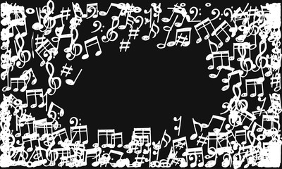 doodle music notes pattern background. Abstract musical on black background.